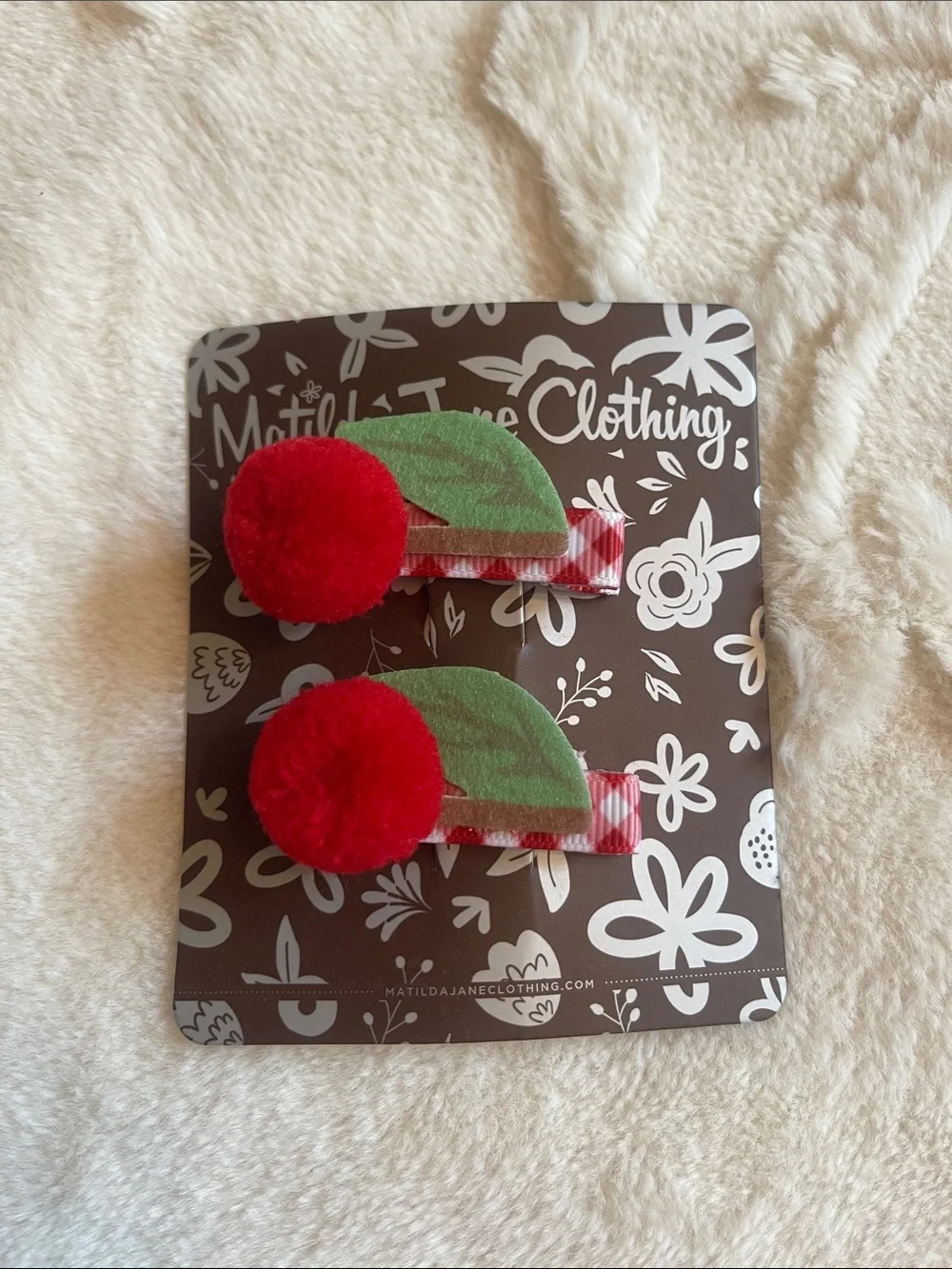 Matilda Jane Red Cherry Pom-Pom Hair‎ Clips with Green Leaves